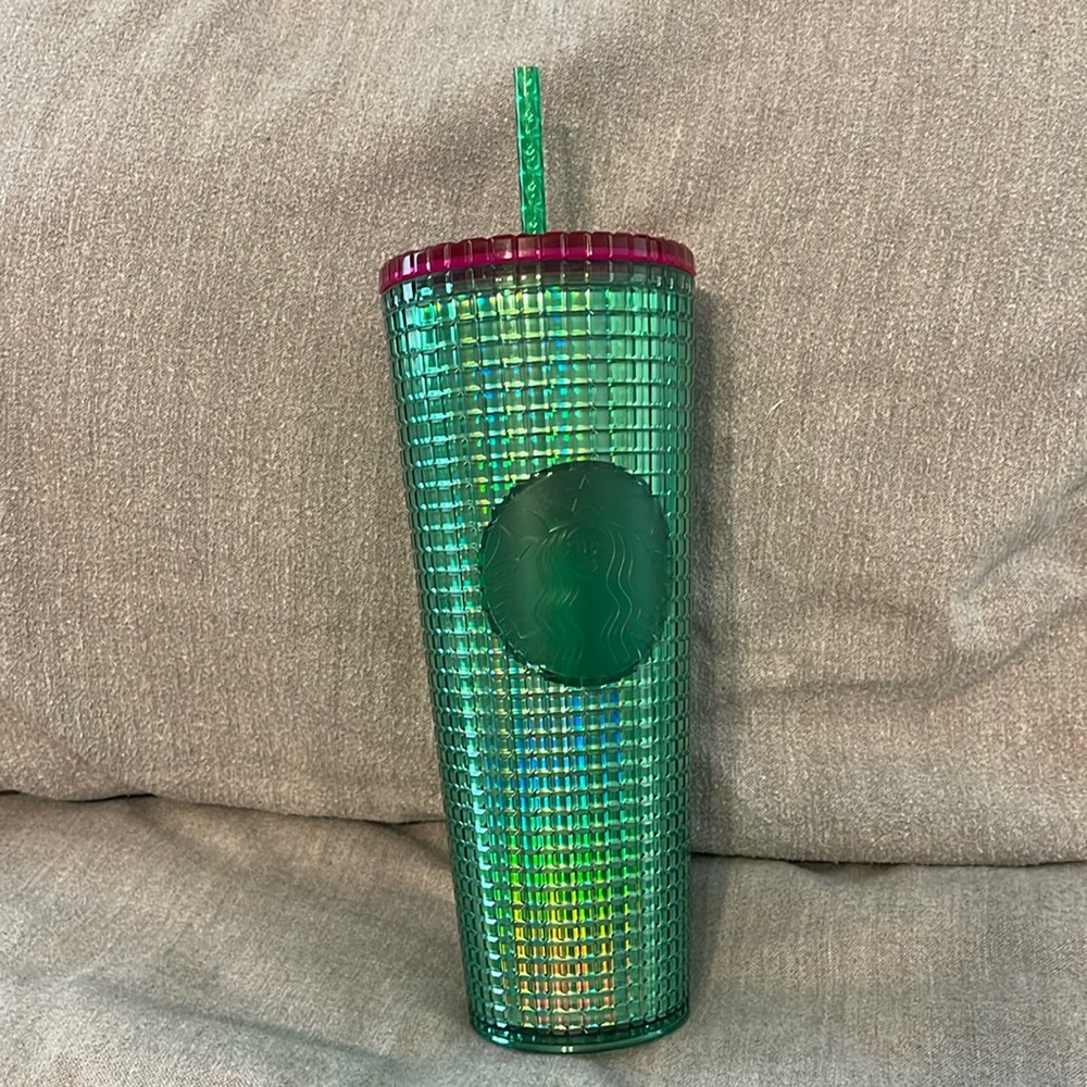 NEW Starbucks Emerald Green Grid w/Magenta Lid 24 oz Cold Cup Tumbler Summer '23